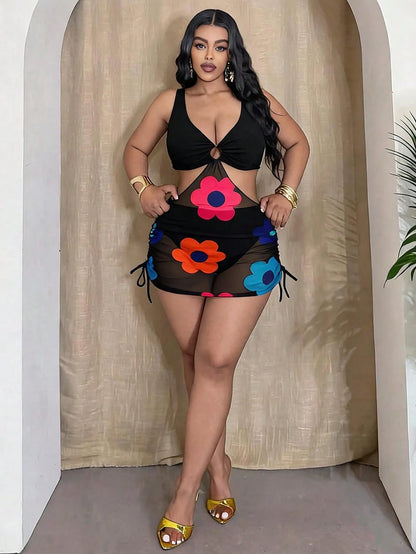 Slaydiva Women's Plus Size Leopard Print 2pcs Set Thick Strap Ring Front Waist Cutout Mesh Patchwork Hem Tank Bikini Swimsuit