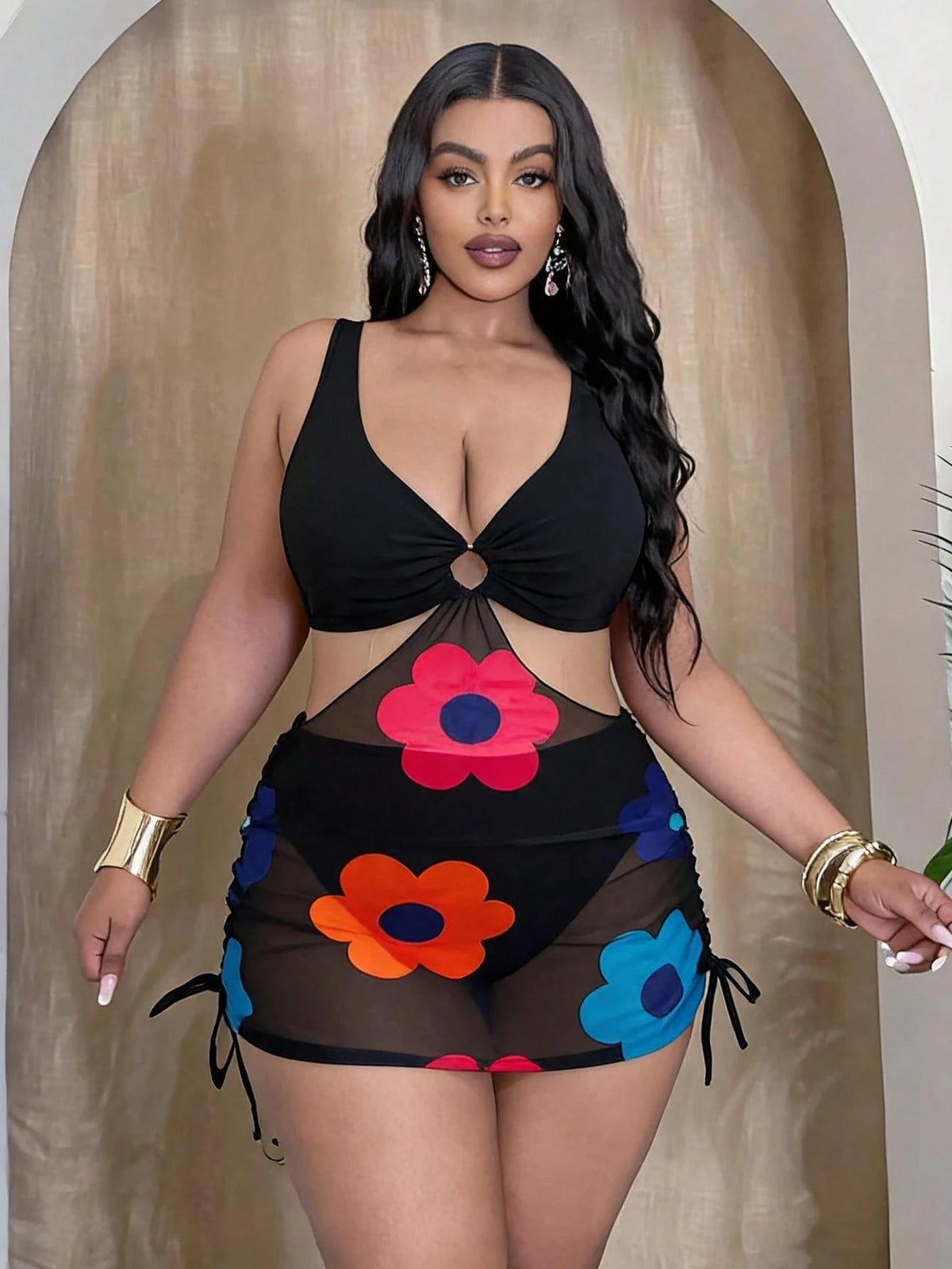 Slaydiva Women's Plus Size Leopard Print 2pcs Set Thick Strap Ring Front Waist Cutout Mesh Patchwork Hem Tank Bikini Swimsuit