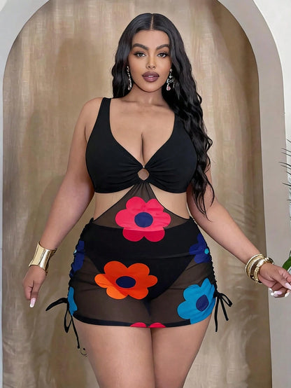 Slaydiva Women's Plus Size Leopard Print 2pcs Set Thick Strap Ring Front Waist Cutout Mesh Patchwork Hem Tank Bikini Swimsuit