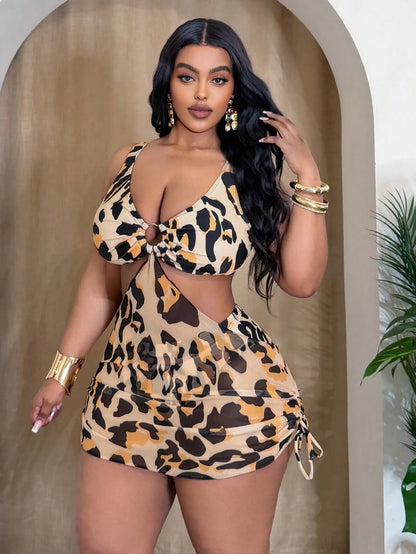 Slaydiva Women's Plus Size Leopard Print 2pcs Set Thick Strap Ring Front Waist Cutout Mesh Patchwork Hem Tank Bikini Swimsuit