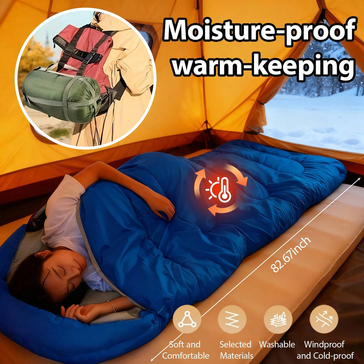 Sleeping Bag With Hood Portable Camping Sleeping Bag| Warm Hollow Cotton Filled Lightweight Envelope Sleeping Bag With Adjustable Strap & Windproof Hood| Outdoor Camping Office Use Blanket Sleeping