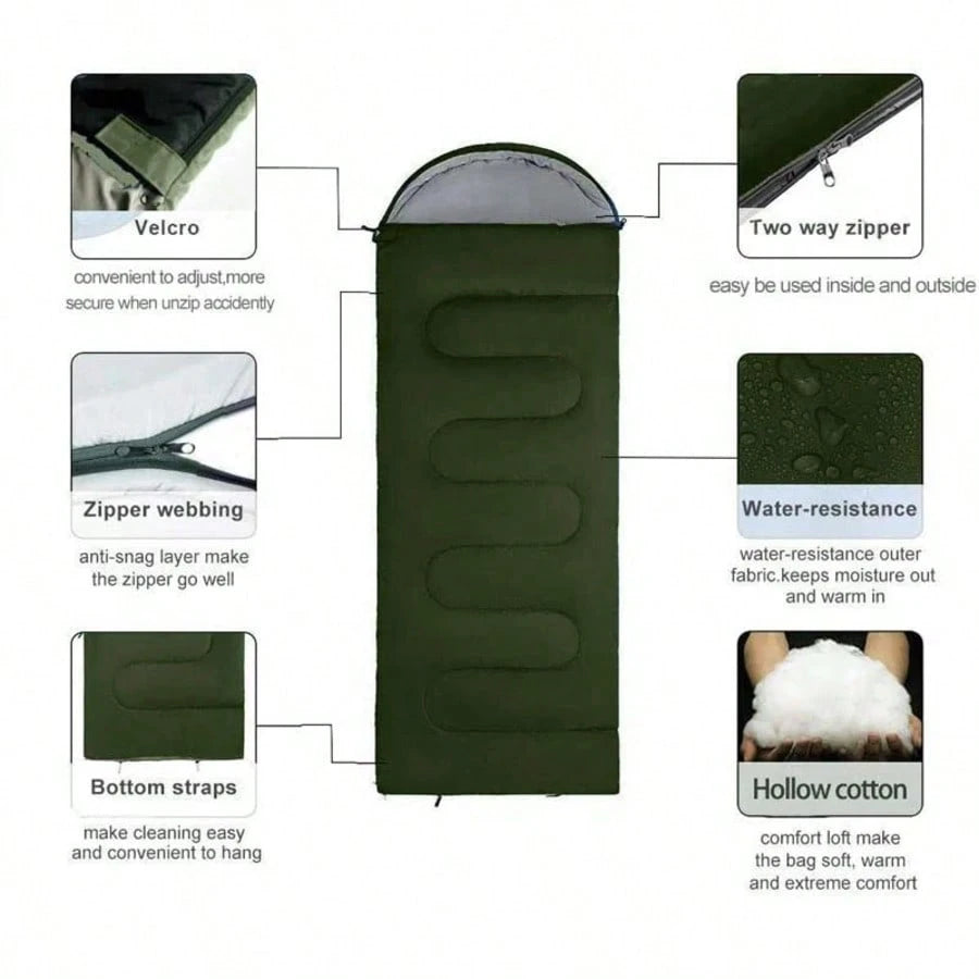 Sleeping Bag With Hood Portable Camping Sleeping Bag| Warm Hollow Cotton Filled Lightweight Envelope Sleeping Bag With Adjustable Strap & Windproof Hood| Outdoor Camping Office Use Blanket Sleeping