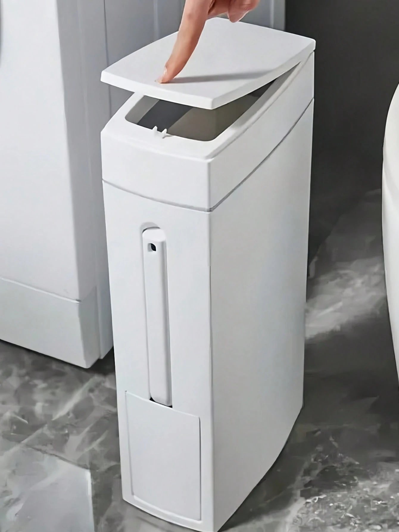 Slim Trash Can With Detachable Toilet Brush Holder, Minimalist Toilet Brush Set, Narrow Design Fits Between Washer And Toilet, Garbage Bin With Lid, Bathroom Waste Paper Basket, Gift For Women, Mother