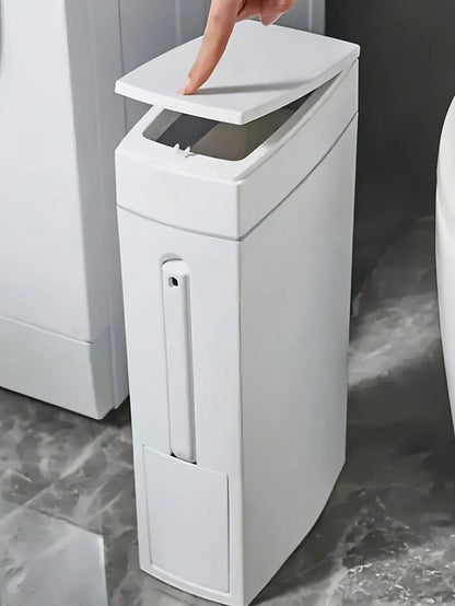 Slim Trash Can With Detachable Toilet Brush Holder, Minimalist Toilet Brush Set, Narrow Design Fits Between Washer And Toilet, Garbage Bin With Lid, Bathroom Waste Paper Basket, Gift For Women, Mother