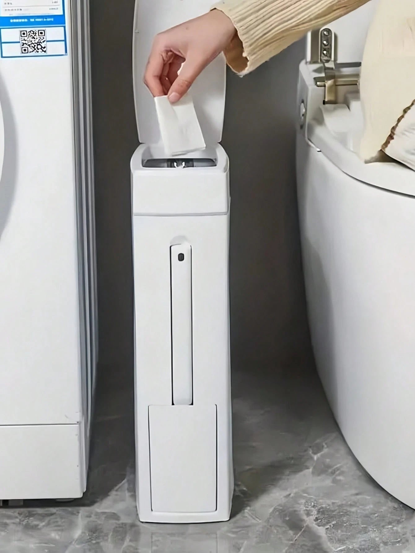 Slim Trash Can With Detachable Toilet Brush Holder, Minimalist Toilet Brush Set, Narrow Design Fits Between Washer And Toilet, Garbage Bin With Lid, Bathroom Waste Paper Basket, Gift For Women, Mother