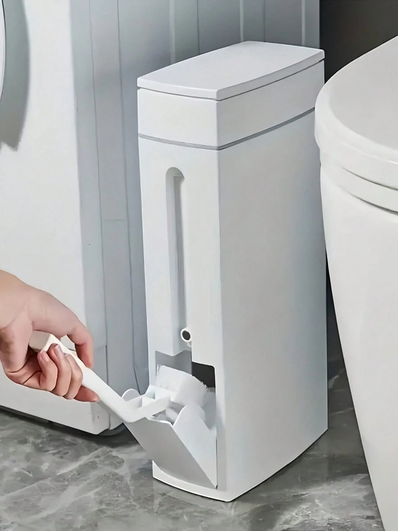 Slim Trash Can With Detachable Toilet Brush Holder, Minimalist Toilet Brush Set, Narrow Design Fits Between Washer And Toilet, Garbage Bin With Lid, Bathroom Waste Paper Basket, Gift For Women, Mother