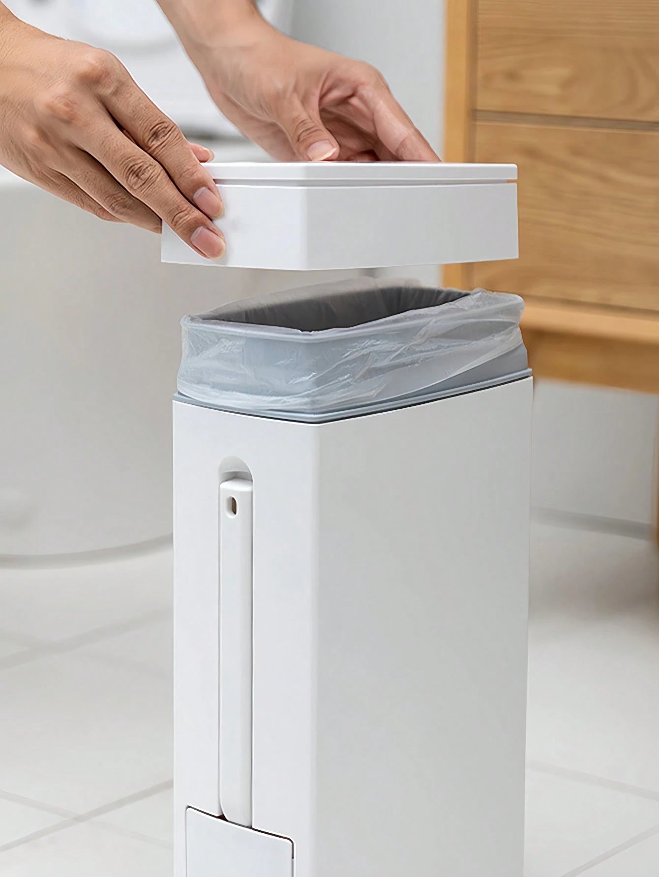Slim Trash Can With Detachable Toilet Brush Holder, Minimalist Toilet Brush Set, Narrow Design Fits Between Washer And Toilet, Garbage Bin With Lid, Bathroom Waste Paper Basket, Gift For Women, Mother