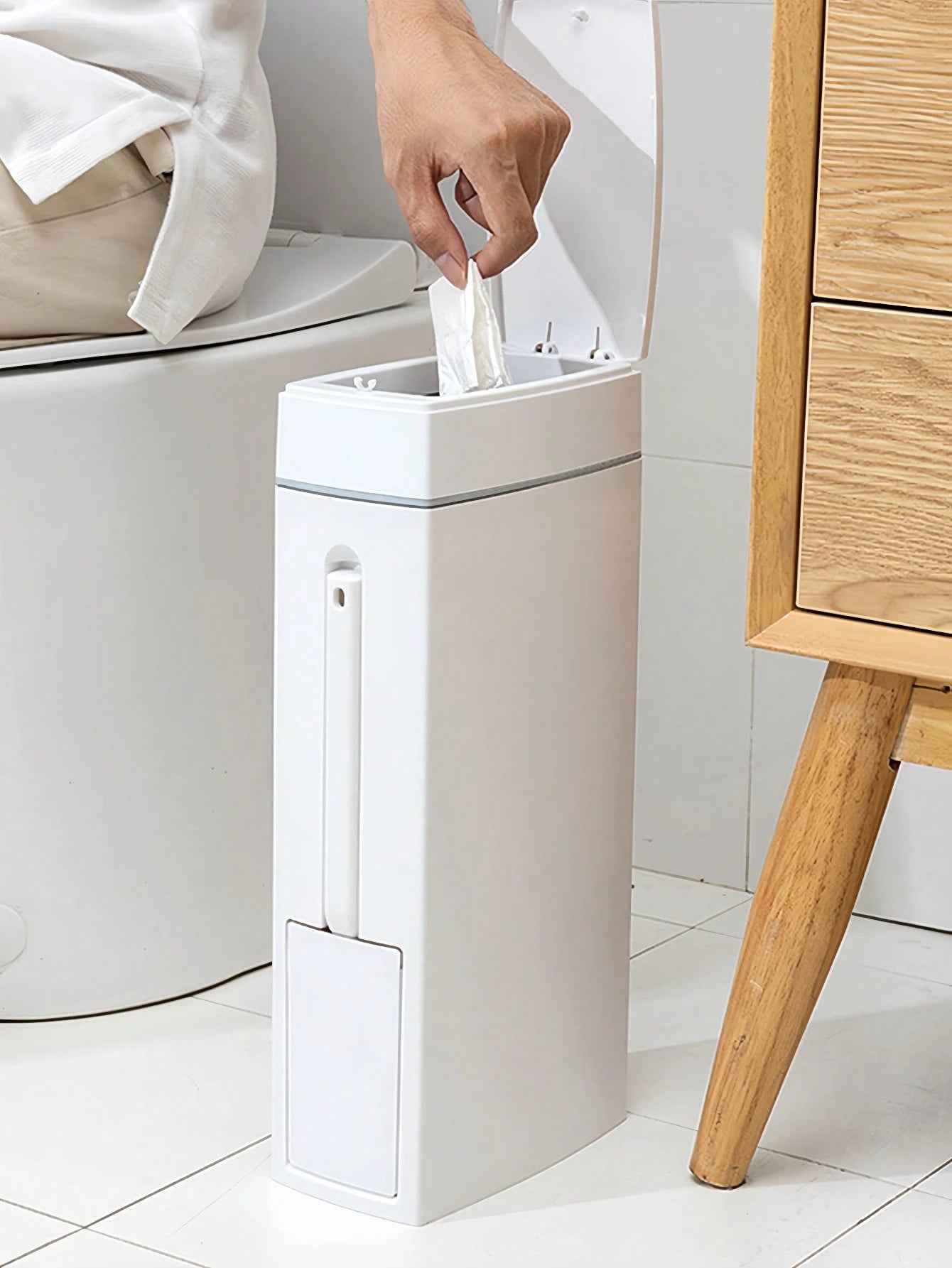 Slim Trash Can With Detachable Toilet Brush Holder, Minimalist Toilet Brush Set, Narrow Design Fits Between Washer And Toilet, Garbage Bin With Lid, Bathroom Waste Paper Basket, Gift For Women, Mother