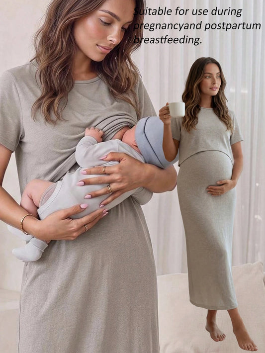 Slowluna Maternity Solid Color Nursing Casual Daily Wear Dress