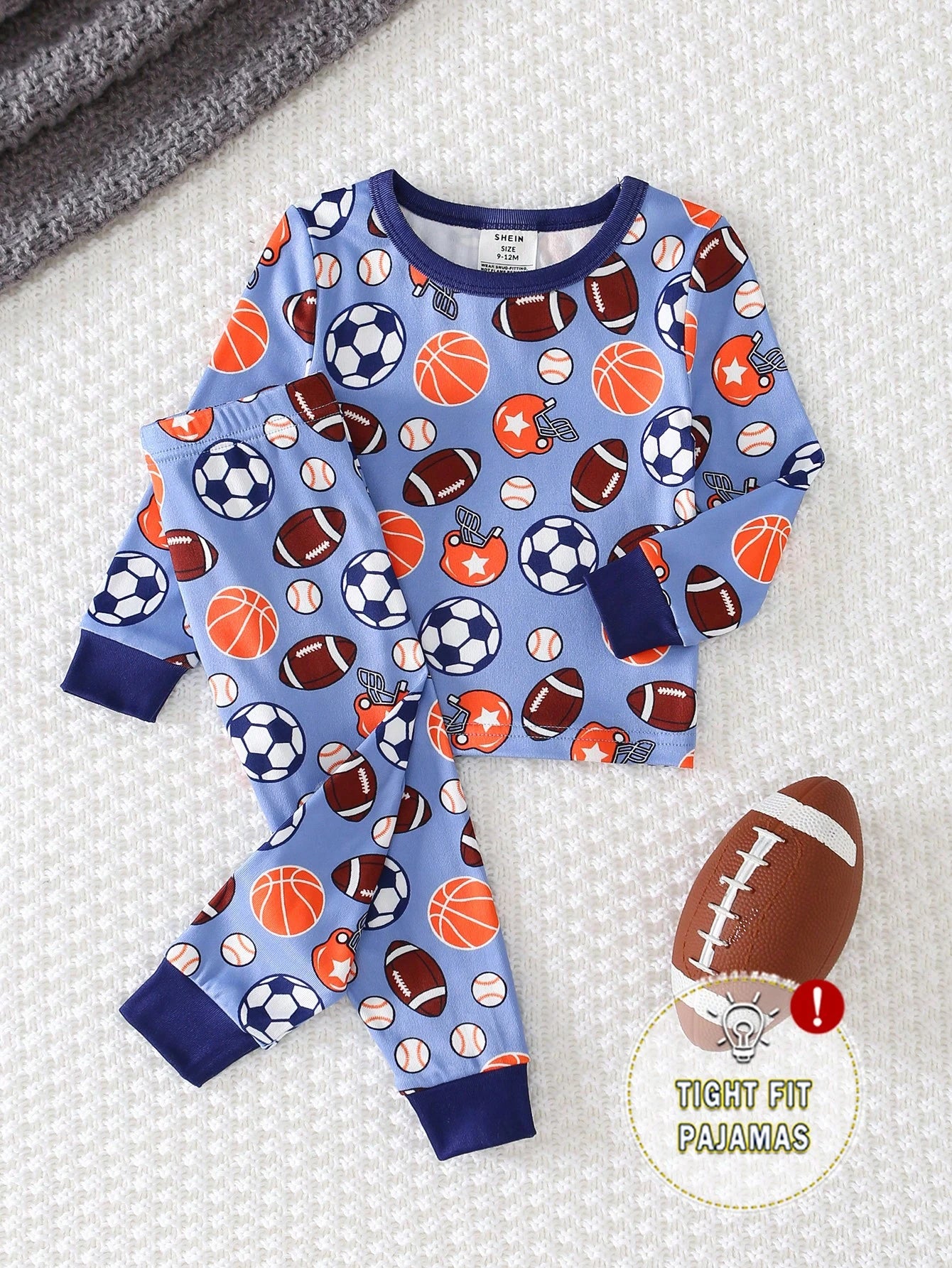Snug Fit Pajamas 2-Piece Set For Baby Boys, Long Sleeve T-Shirt And Tight Pants With Fun Ball Pattern Design, Soft And Skin-Friendly Fabric, Comfortable Home Wear For Kids, Promoting Comfortable