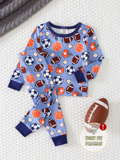 Snug Fit Pajamas 2-Piece Set For Baby Boys, Long Sleeve T-Shirt And Tight Pants With Fun Ball Pattern Design, Soft And Skin-Friendly Fabric, Comfortable Home Wear For Kids, Promoting Comfortable