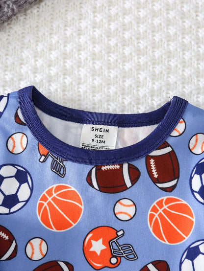 Snug Fit Pajamas 2-Piece Set For Baby Boys, Long Sleeve T-Shirt And Tight Pants With Fun Ball Pattern Design, Soft And Skin-Friendly Fabric, Comfortable Home Wear For Kids, Promoting Comfortable