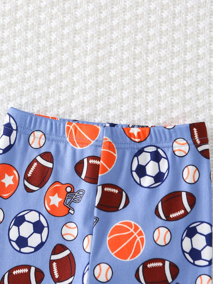 Snug Fit Pajamas 2-Piece Set For Baby Boys, Long Sleeve T-Shirt And Tight Pants With Fun Ball Pattern Design, Soft And Skin-Friendly Fabric, Comfortable Home Wear For Kids, Promoting Comfortable