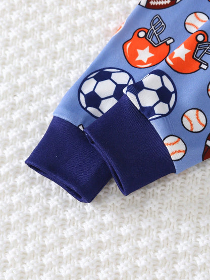 Snug Fit Pajamas 2-Piece Set For Baby Boys, Long Sleeve T-Shirt And Tight Pants With Fun Ball Pattern Design, Soft And Skin-Friendly Fabric, Comfortable Home Wear For Kids, Promoting Comfortable