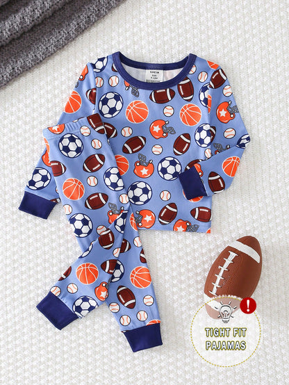 Snug Fit Pajamas 2-Piece Set For Baby Boys, Long Sleeve T-Shirt And Tight Pants With Fun Ball Pattern Design, Soft And Skin-Friendly Fabric, Comfortable Home Wear For Kids, Promoting Comfortable