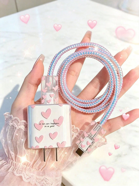 Soft Pink Heart-Shaped Charger Protective Case, Ins-Style Cute Digital Accessory Compatible With Multiple Scenarios, Fits Apple 18W/20W Fast Charger, Sweet Style Fast Charging Protection Set, Suitable