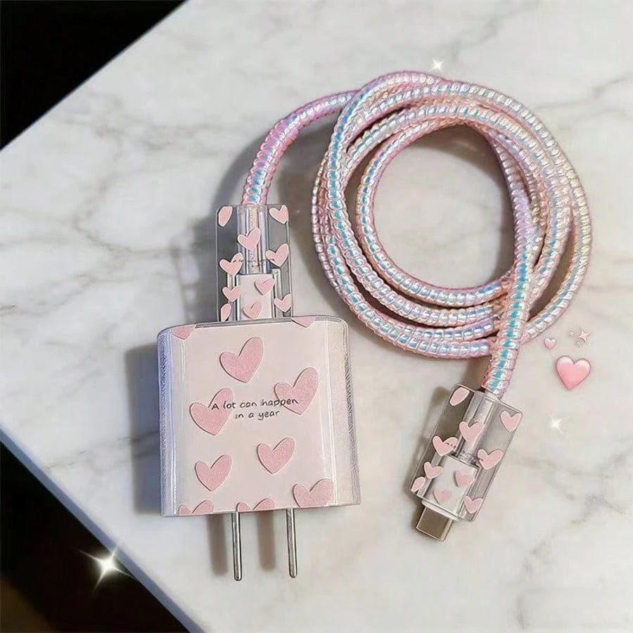 Soft Pink Heart-Shaped Charger Protective Case, Ins-Style Cute Digital Accessory Compatible With Multiple Scenarios, Fits Apple 18W/20W Fast Charger, Sweet Style Fast Charging Protection Set, Suitable