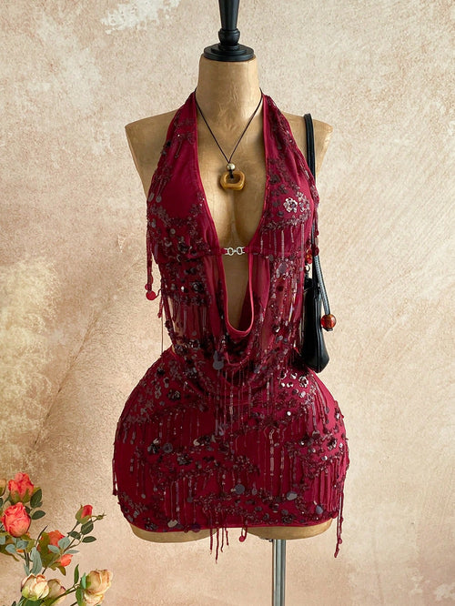 Soleia 2pcs Fitted Shiny Fringe Sequin Drape Neck Camisole & Mini Skirt Set,Burgundy,Summer,70s,Night Out,Party Women's Glitter Skirt For Music Festivals