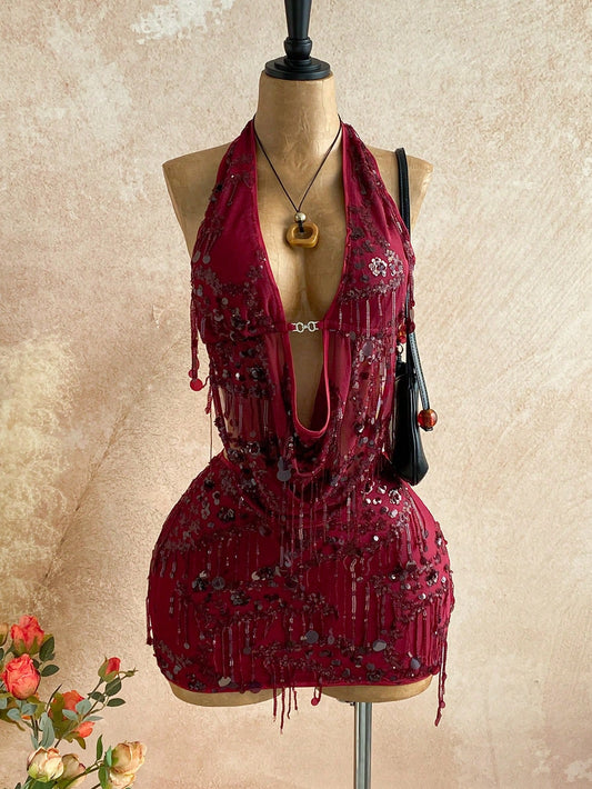 Soleia 2pcs Fitted Shiny Fringe Sequin Drape Neck Camisole & Mini Skirt Set,Burgundy,Summer,70s,Night Out,Party Women's Glitter Skirt For Music Festivals