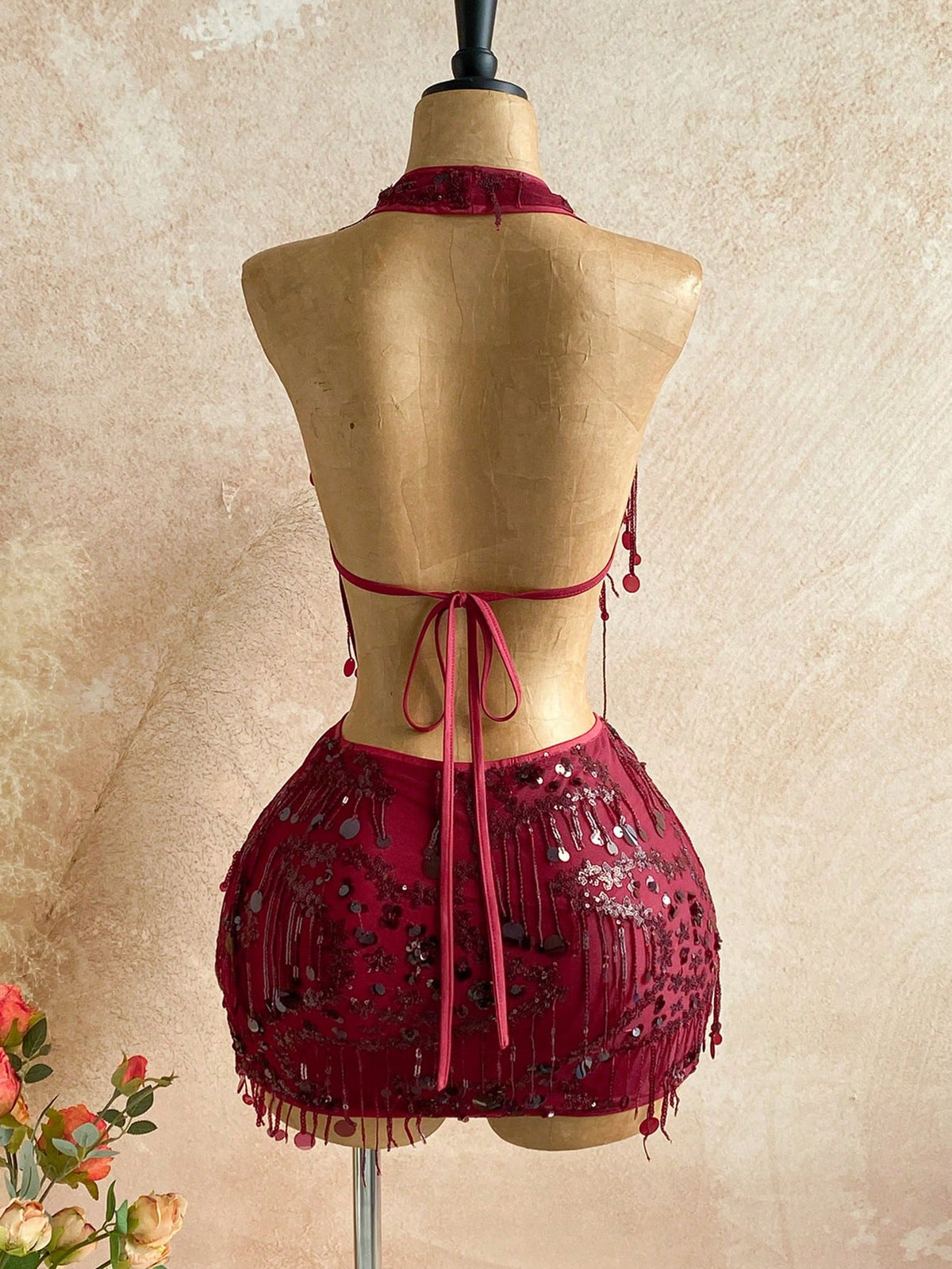 Soleia 2pcs Fitted Shiny Fringe Sequin Drape Neck Camisole & Mini Skirt Set,Burgundy,Summer,70s,Night Out,Party Women's Glitter Skirt For Music Festivals