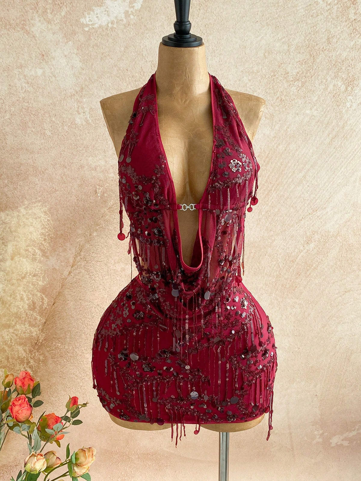 Soleia 2pcs Fitted Shiny Fringe Sequin Drape Neck Camisole & Mini Skirt Set,Burgundy,Summer,70s,Night Out,Party Women's Glitter Skirt For Music Festivals