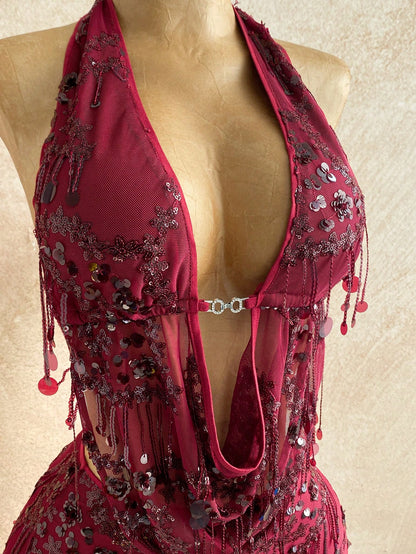 Soleia 2pcs Fitted Shiny Fringe Sequin Drape Neck Camisole & Mini Skirt Set,Burgundy,Summer,70s,Night Out,Party Women's Glitter Skirt For Music Festivals