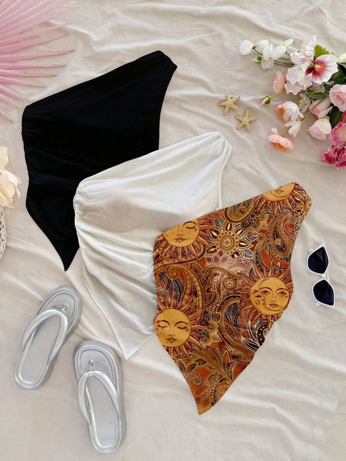 Soleia 4pcs/Set Black,70's,Beach Club,Holiday,Party Disco,Holiday Casual Strapless Sleeveless Tops,Boho Beach Vacation,Music Festival,No Chest Padding