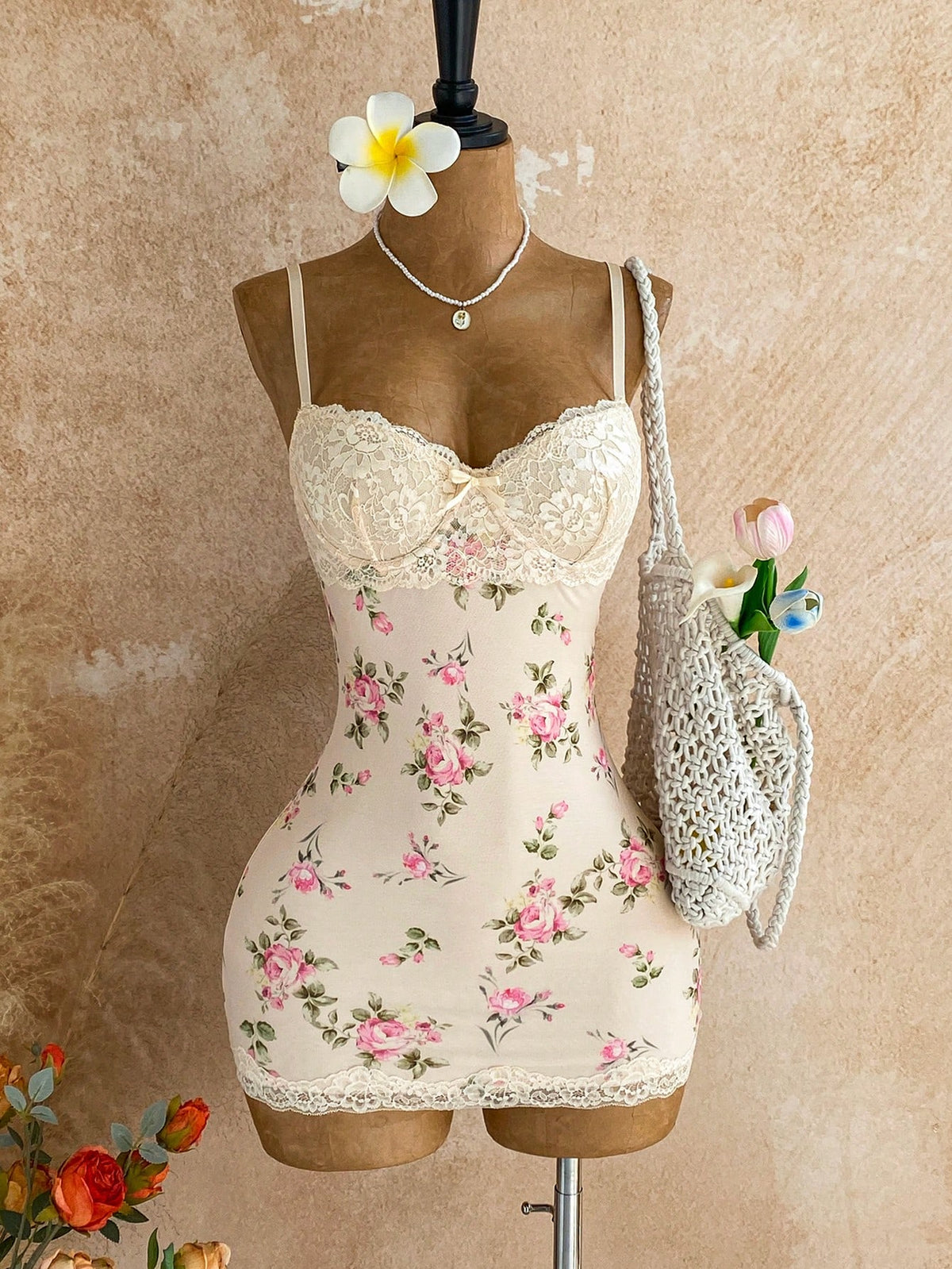Soleia All Shades Of Brown,Summer,Seductive,Club Night Lace Cup Detail Tropical Floral Mesh Bodycon Mini Dress For Date,Garden,Boho Vacation Vintage Clothes