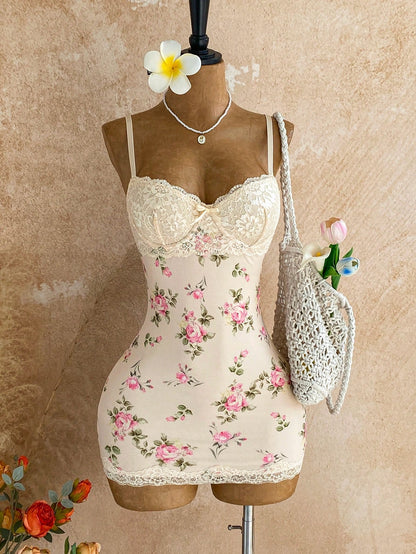 Soleia All Shades Of Brown,Summer,Seductive,Club Night Lace Cup Detail Tropical Floral Mesh Bodycon Mini Dress For Date,Garden,Boho Vacation Vintage Clothes