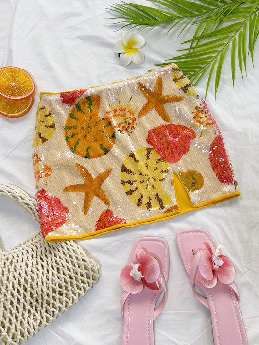 Soleia Beige Summer 2000s Beach Vacation Holiday Women's Retro Orange Glitter Embroidered Low Waist High Slit Mini Skirt,Bohemian Style Party Wear