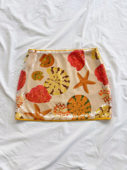 Soleia Beige Summer 2000s Beach Vacation Holiday Women's Retro Orange Glitter Embroidered Low Waist High Slit Mini Skirt,Bohemian Style Party Wear