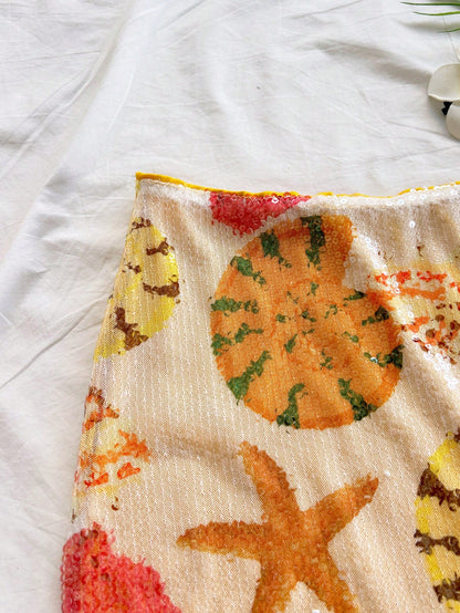 Soleia Beige Summer 2000s Beach Vacation Holiday Women's Retro Orange Glitter Embroidered Low Waist High Slit Mini Skirt,Bohemian Style Party Wear
