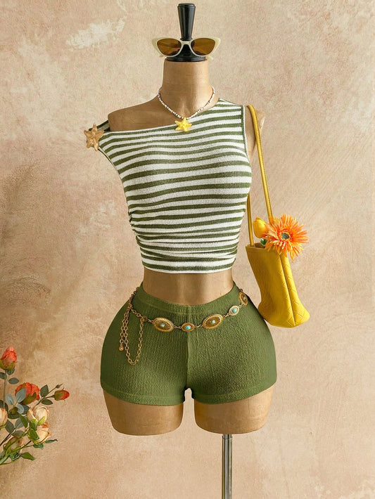 Soleia Green And White Striped,Summer,Casual,Vacation,Holiday Women's Boho Fuzzy Textured Knit Asymmetric Neck Backless 2-Piece Set For Beach Wedding Guest
