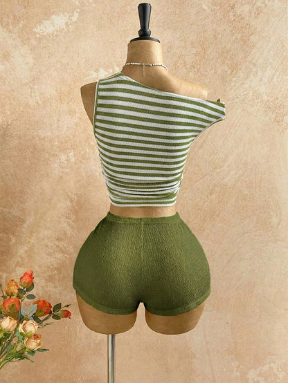 Soleia Green And White Striped,Summer,Casual,Vacation,Holiday Women's Boho Fuzzy Textured Knit Asymmetric Neck Backless 2-Piece Set For Beach Wedding Guest