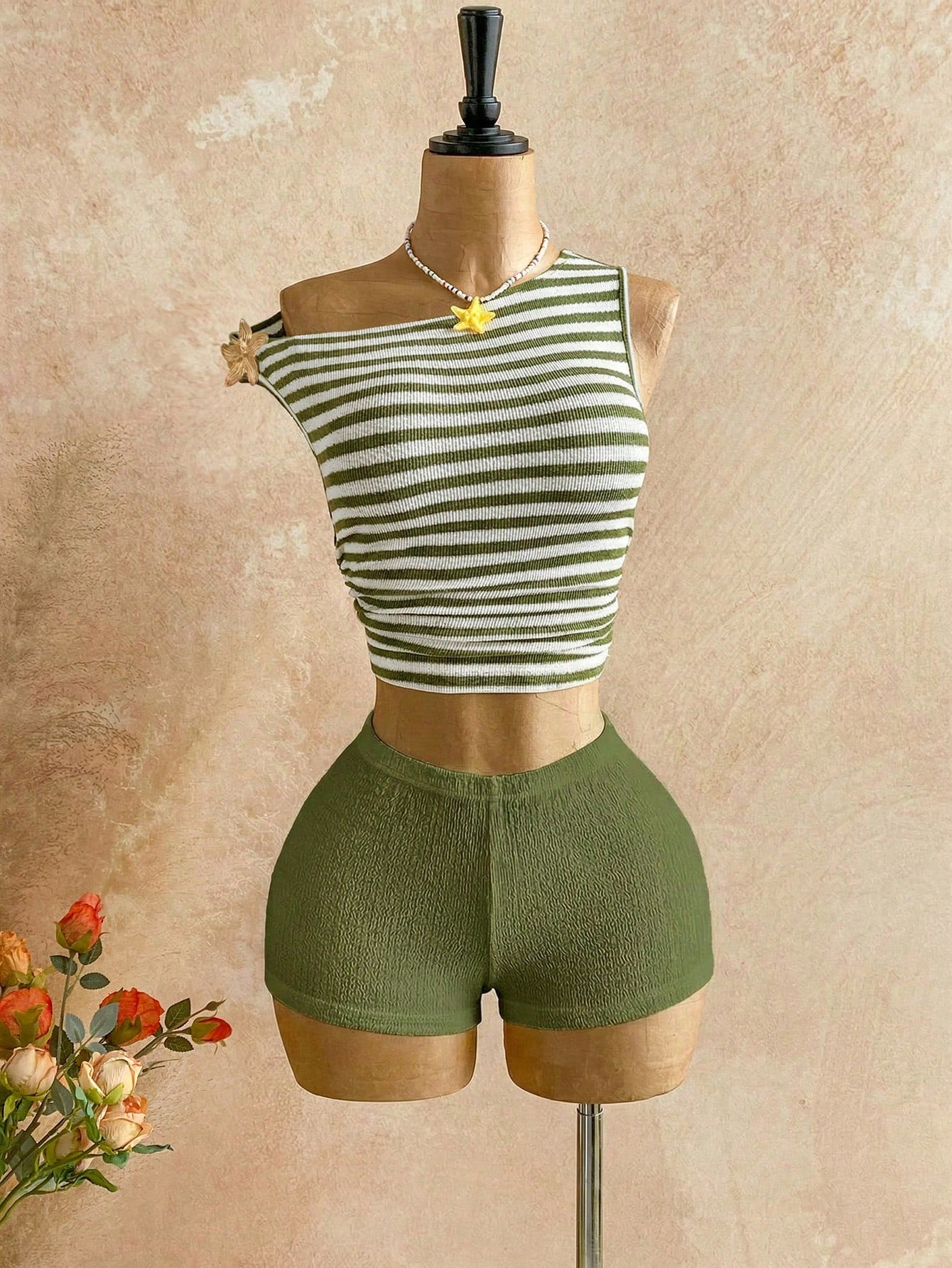 Soleia Green And White Striped,Summer,Casual,Vacation,Holiday Women's Boho Fuzzy Textured Knit Asymmetric Neck Backless 2-Piece Set For Beach Wedding Guest