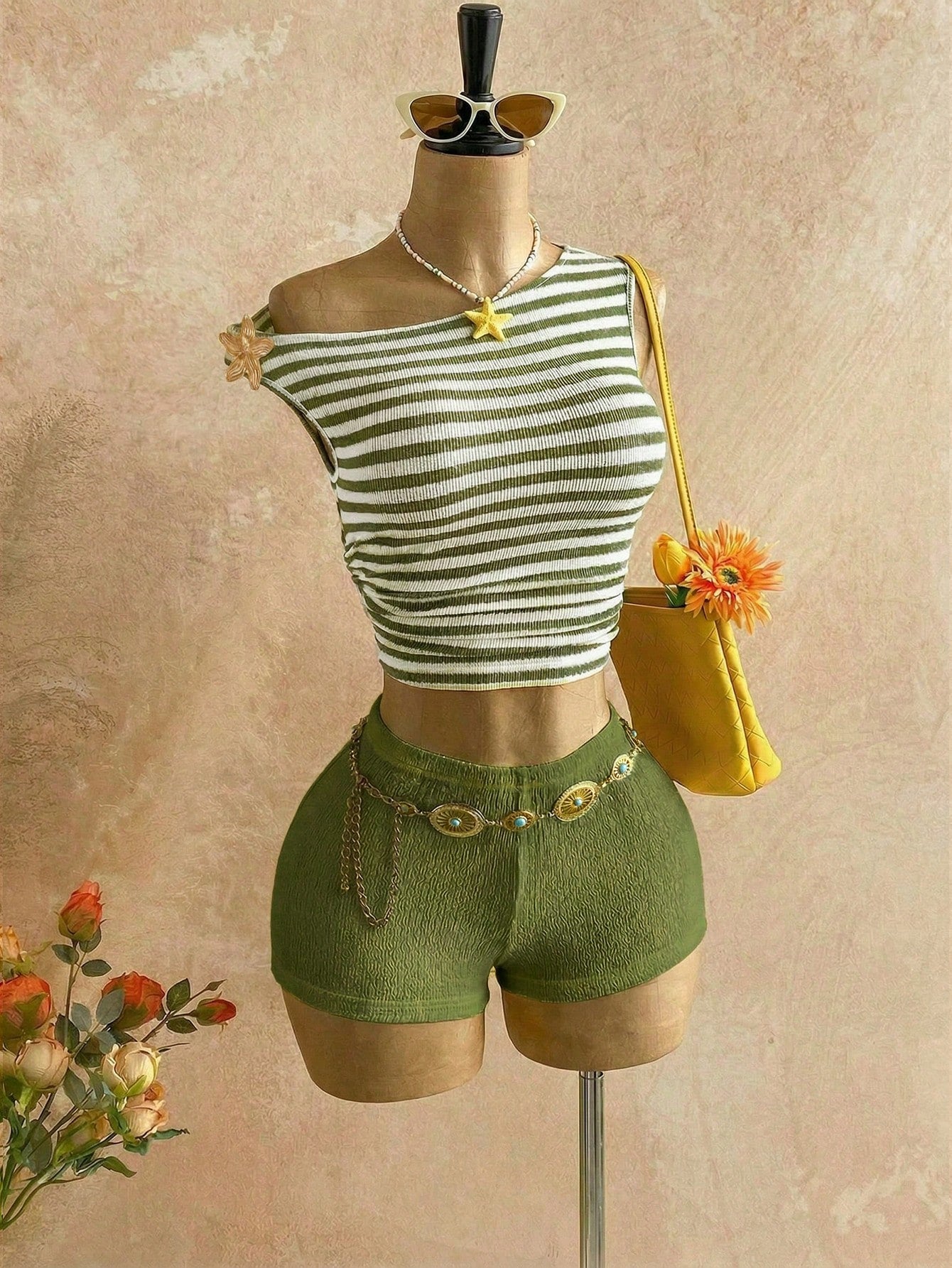 Soleia Green And White Striped,Summer,Casual,Vacation,Holiday Women's Boho Fuzzy Textured Knit Asymmetric Neck Backless 2-Piece Set For Beach Wedding Guest
