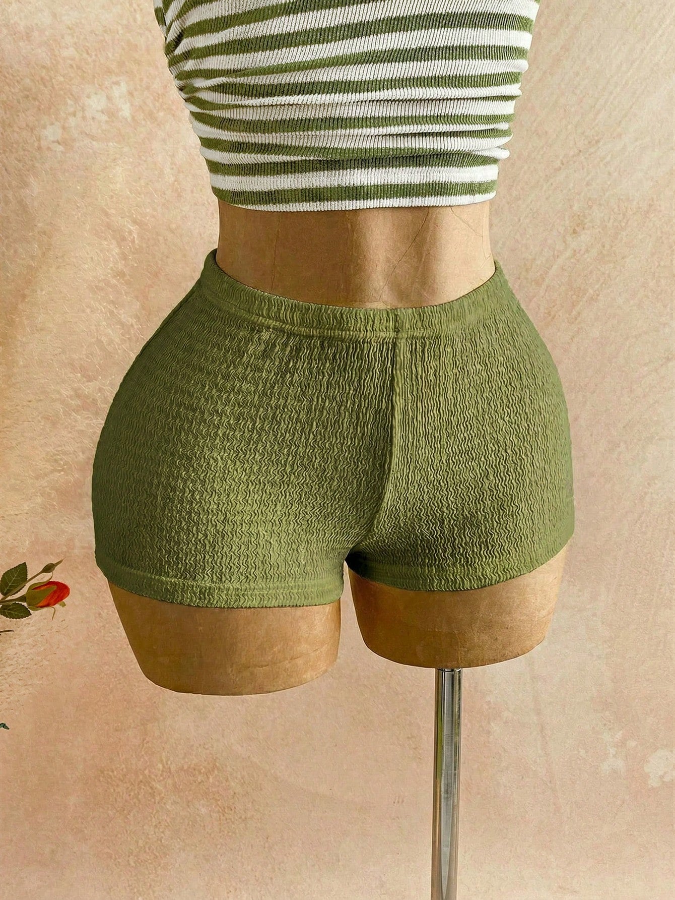 Soleia Green And White Striped,Summer,Casual,Vacation,Holiday Women's Boho Fuzzy Textured Knit Asymmetric Neck Backless 2-Piece Set For Beach Wedding Guest