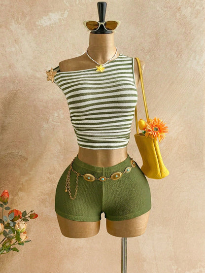 Soleia Green And White Striped,Summer,Casual,Vacation,Holiday Women's Boho Fuzzy Textured Knit Asymmetric Neck Backless 2-Piece Set For Beach Wedding Guest