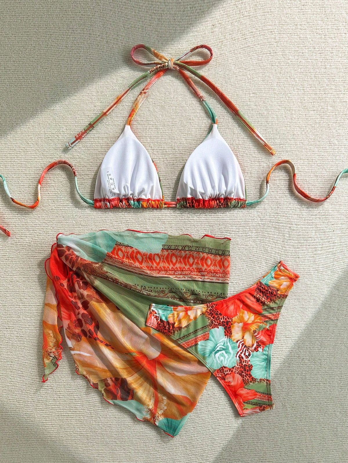 Soleia Plus Size Women Floral Print Halter Tie Wrap Skirt 3-Piece Beachwear Set,Olive Green Summer Boho Beach Holiday Carnival Vacation Outfits For Women