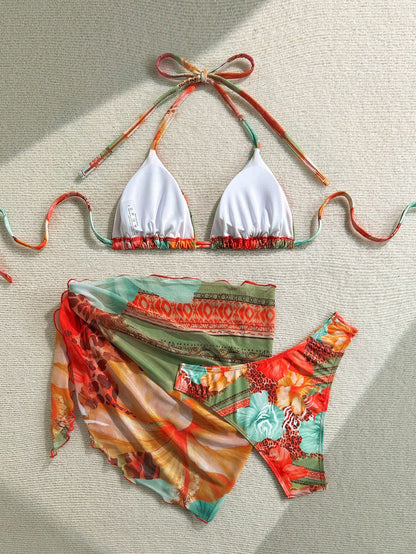 Soleia Plus Size Women Floral Print Halter Tie Wrap Skirt 3-Piece Beachwear Set,Olive Green Summer Boho Beach Holiday Carnival Vacation Outfits For Women