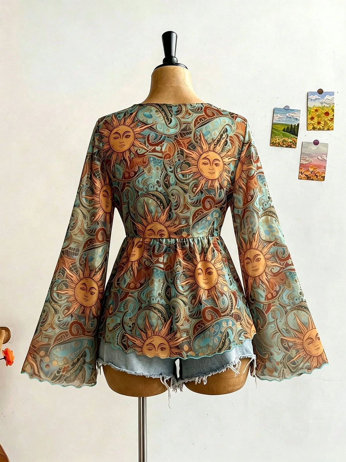 Soleia Plus Size Women's Sunflower Pattern Bell Sleeve Blouse, Suitable For Music Festival Fall
