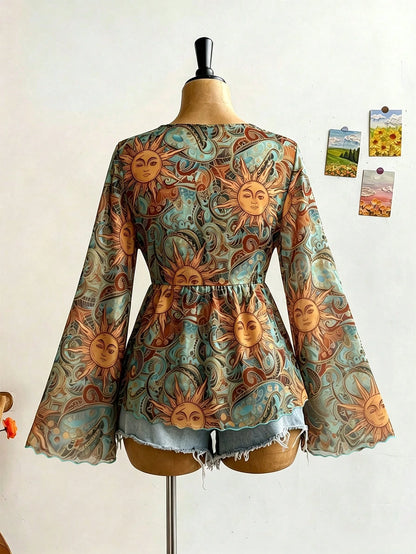 Soleia Plus Size Women's Sunflower Pattern Bell Sleeve Blouse, Suitable For Music Festival Fall