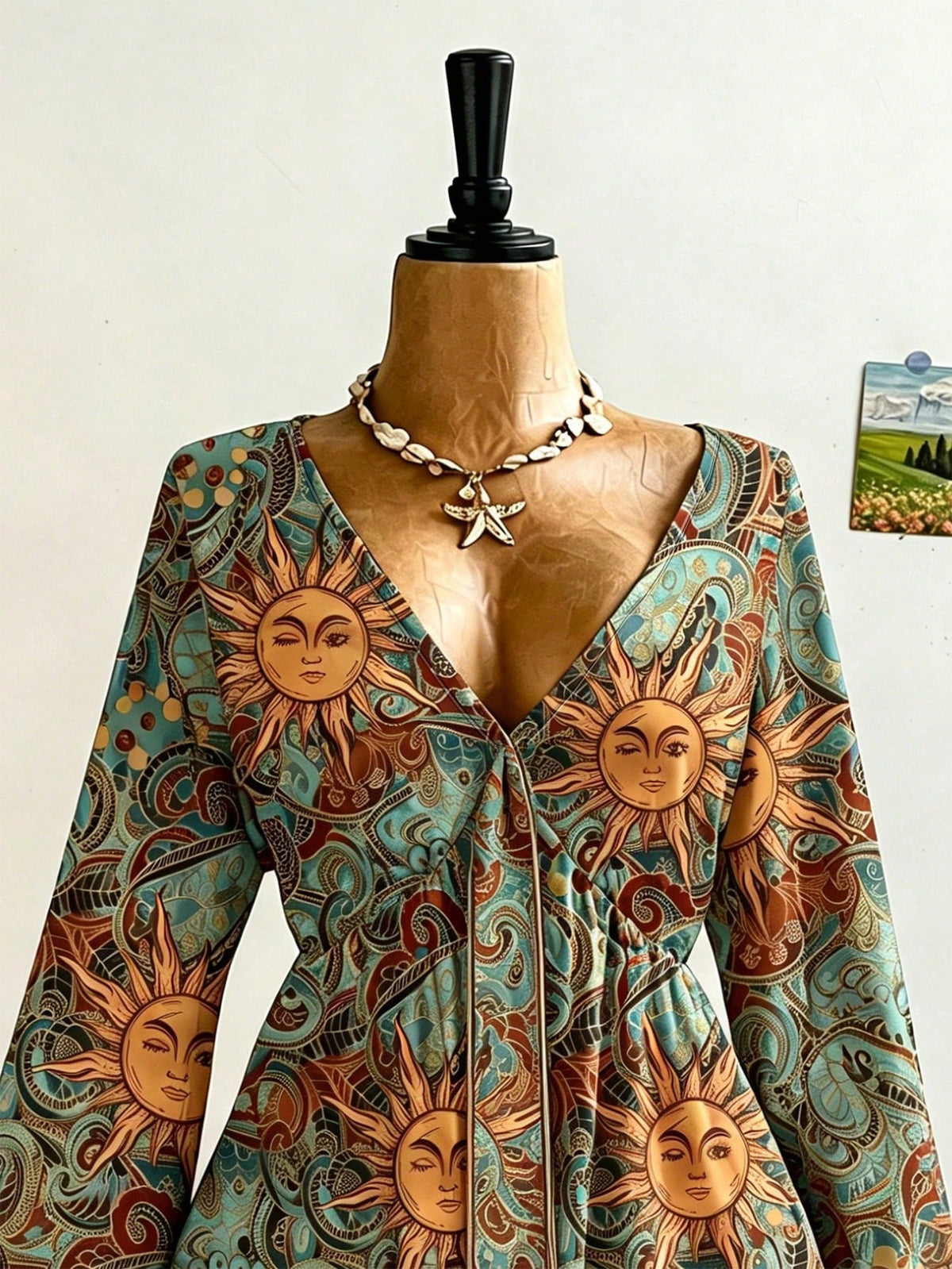 Soleia Plus Size Women's Sunflower Pattern Bell Sleeve Blouse, Suitable For Music Festival Fall