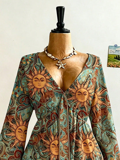 Soleia Plus Size Women's Sunflower Pattern Bell Sleeve Blouse, Suitable For Music Festival Fall