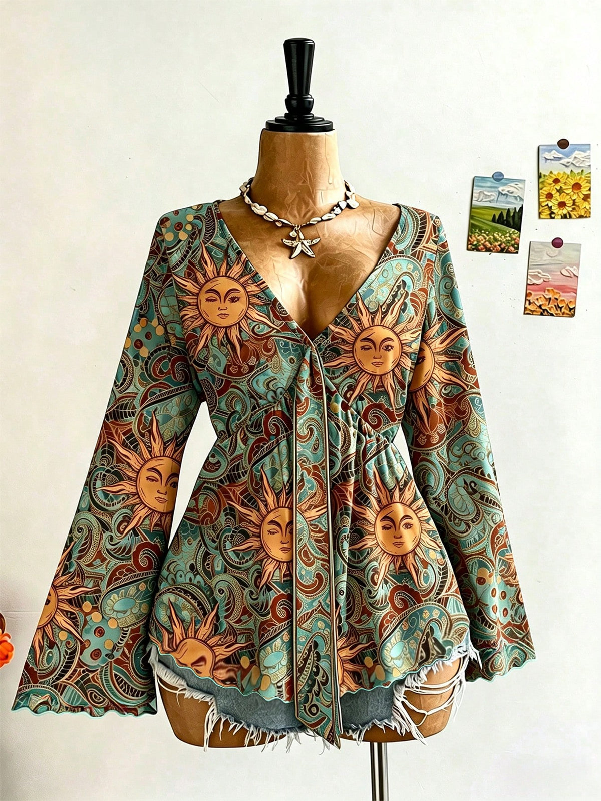 Soleia Plus Size Women's Sunflower Pattern Bell Sleeve Blouse, Suitable For Music Festival Fall