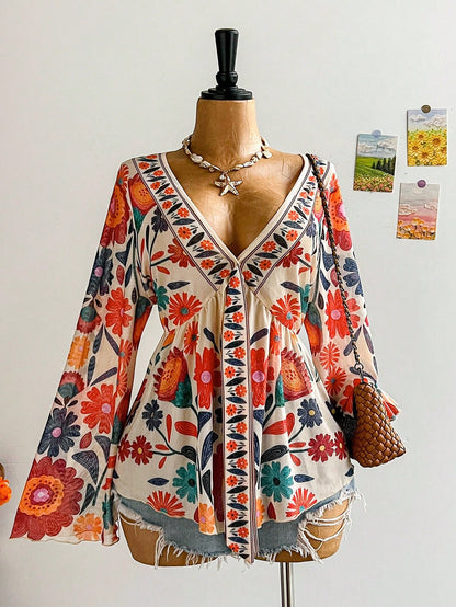 Soleia Plus Size Women's Sunflower Pattern Bell Sleeve Blouse, Suitable For Music Festival Fall