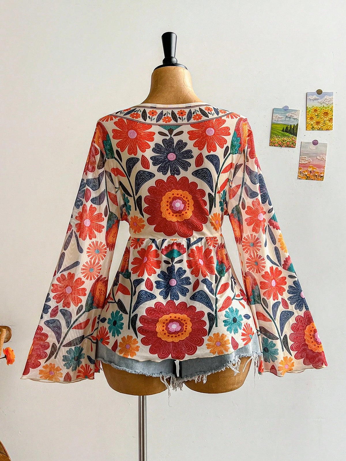 Soleia Plus Size Women's Sunflower Pattern Bell Sleeve Blouse, Suitable For Music Festival Fall