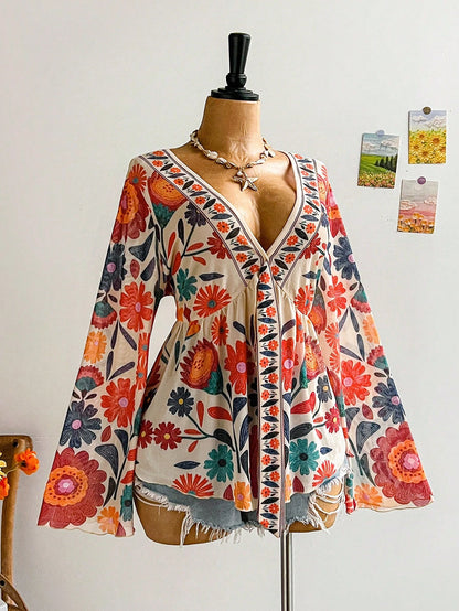Soleia Plus Size Women's Sunflower Pattern Bell Sleeve Blouse, Suitable For Music Festival Fall