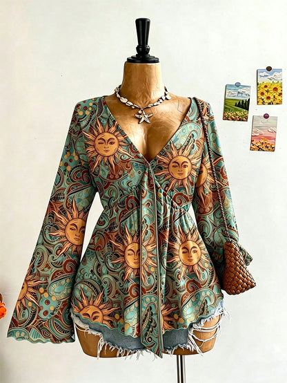 Soleia Plus Size Women's Sunflower Pattern Bell Sleeve Blouse, Suitable For Music Festival Fall