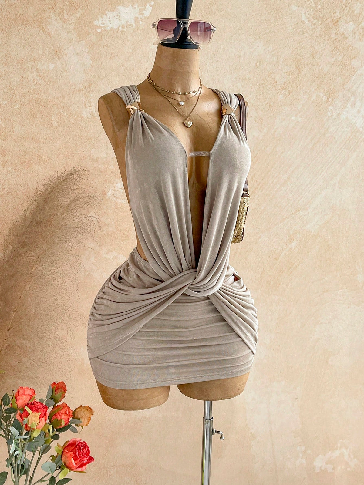 Soleia V-Neck Metal Decor Spaghetti Strap Backless Wrap Mini Dress,Khaki,Summer,70s,Night Out,Party,Greek Mythology Inspired Vintage Bohemian Holiday
